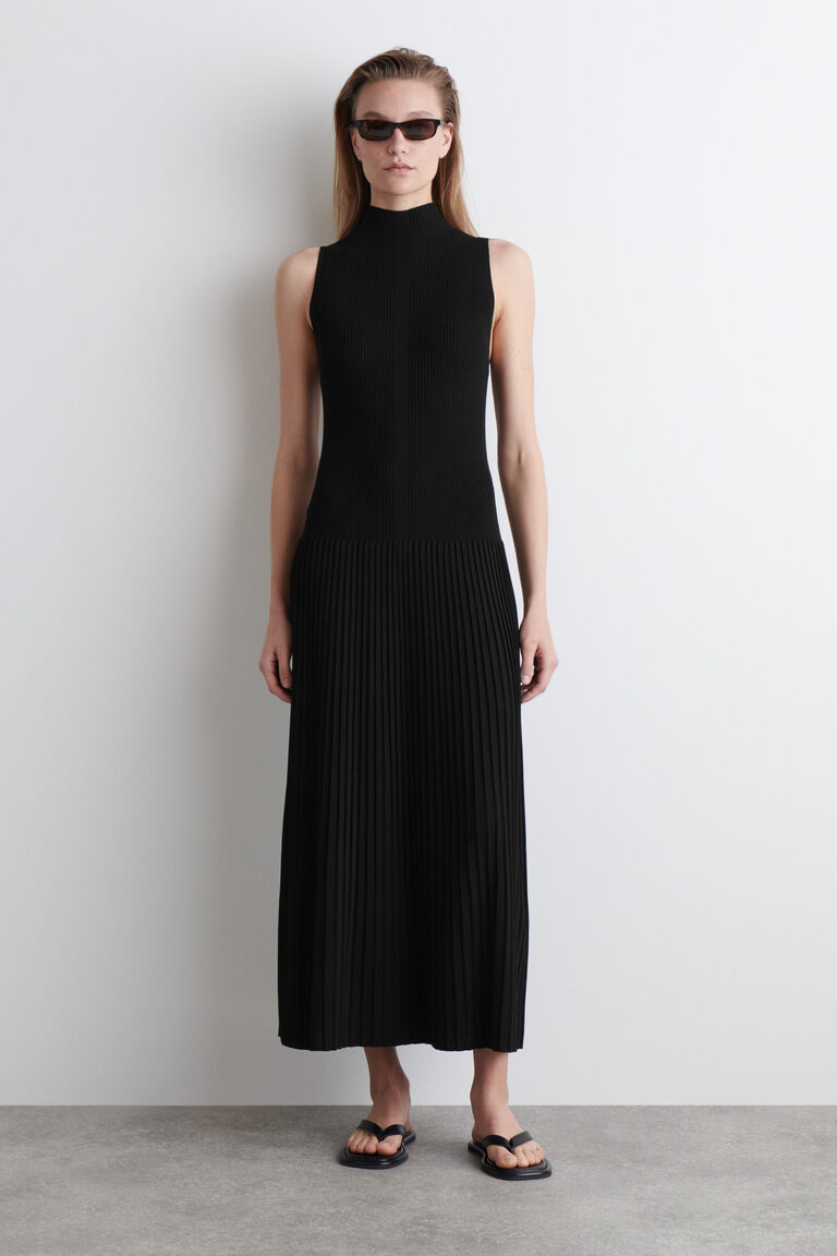 PLEATED HIGH-NECK MAXI DRESS