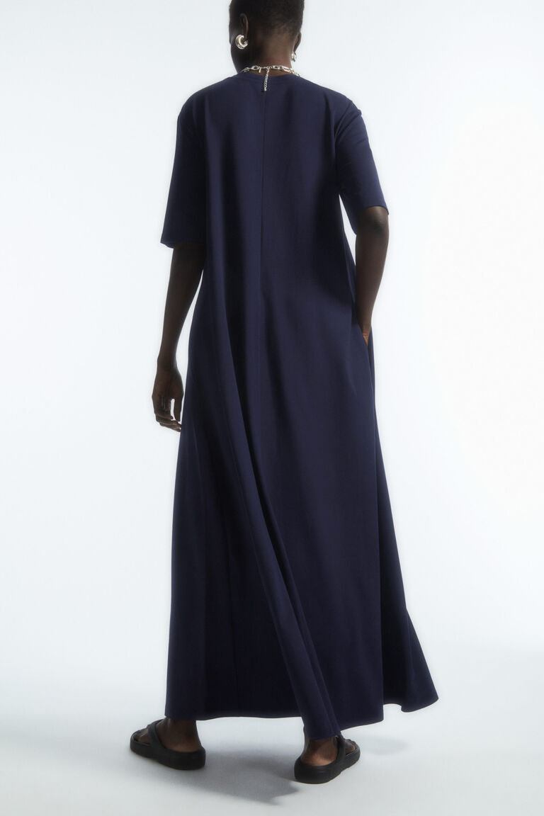 ★WOERA★ Maxi Shirt Dress Navy Blue N1054NAVYBLUE Washable Stretch Silk Maxi Shirt Dress in Navy
