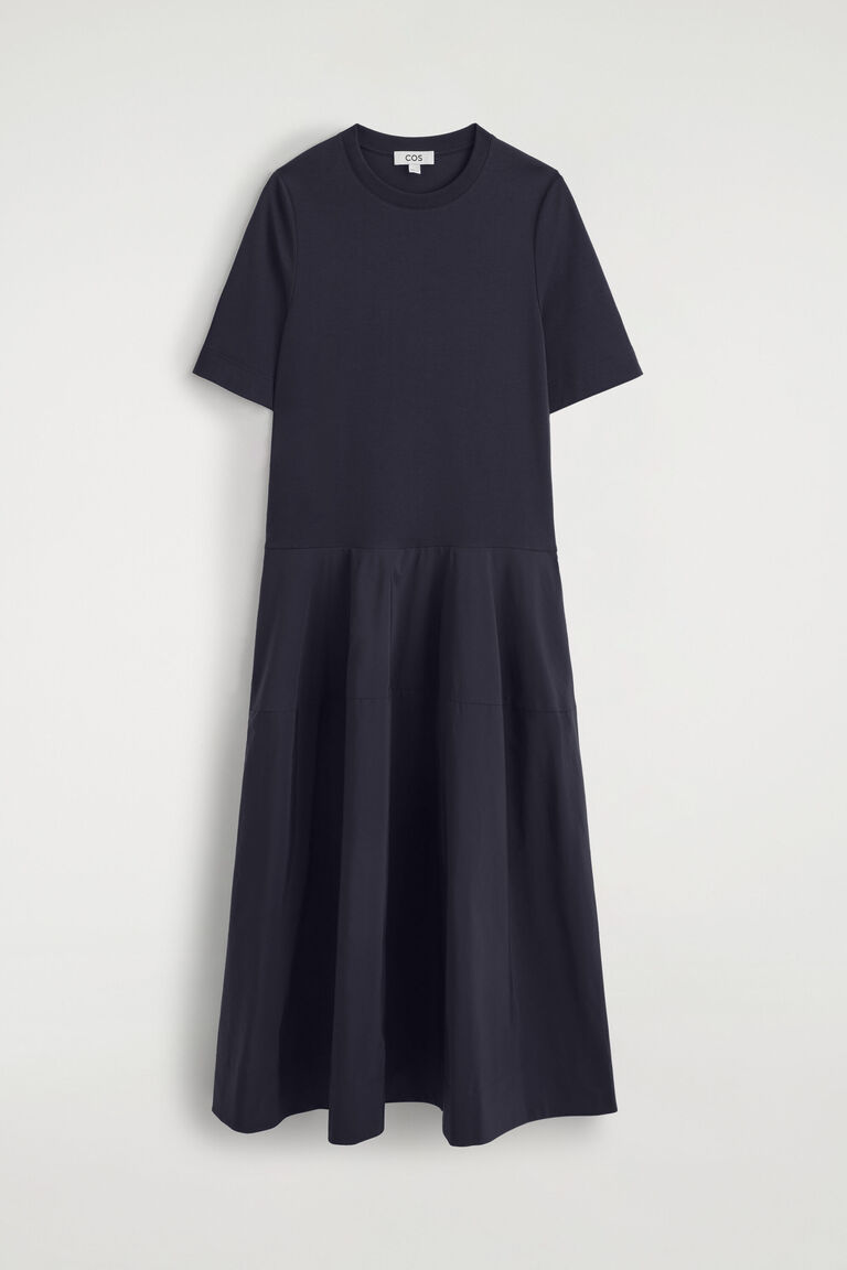 DROPPED-WAIST CONTRAST-PANEL MIDI DRESS