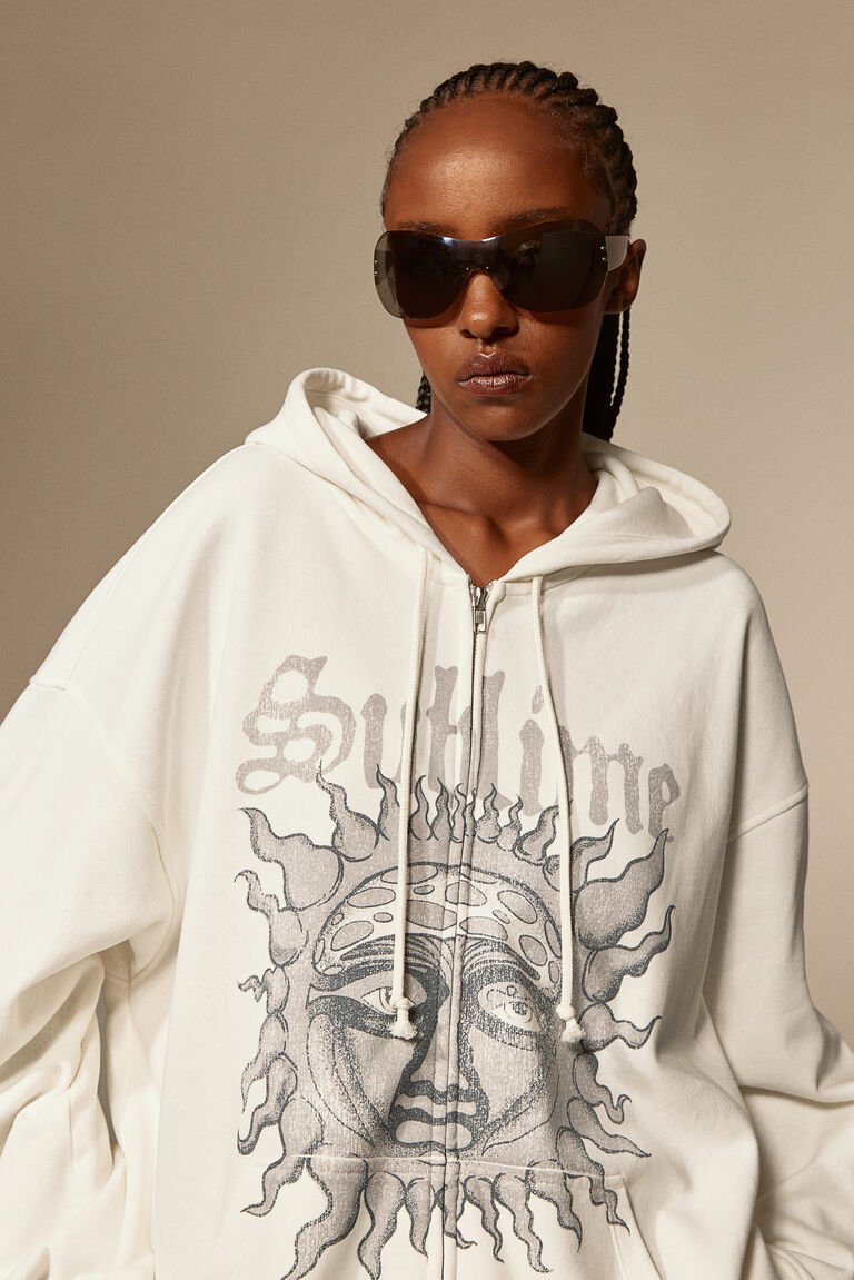 Oversized printed zip-through hoodie
