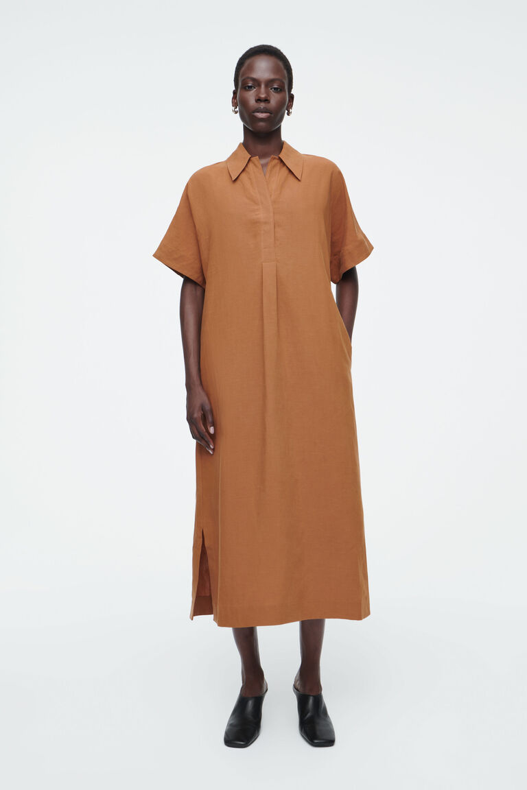 LINEN-BLEND MIDI SHIRT DRESS
