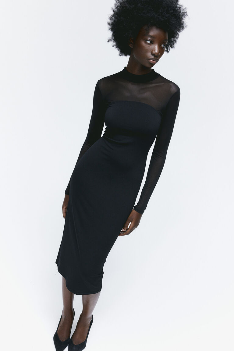 Fitted Long Sleeve Dress With Stand-Up Collar Black