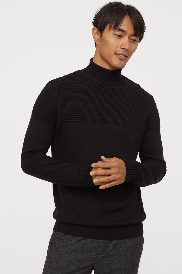black fine knit polo neck