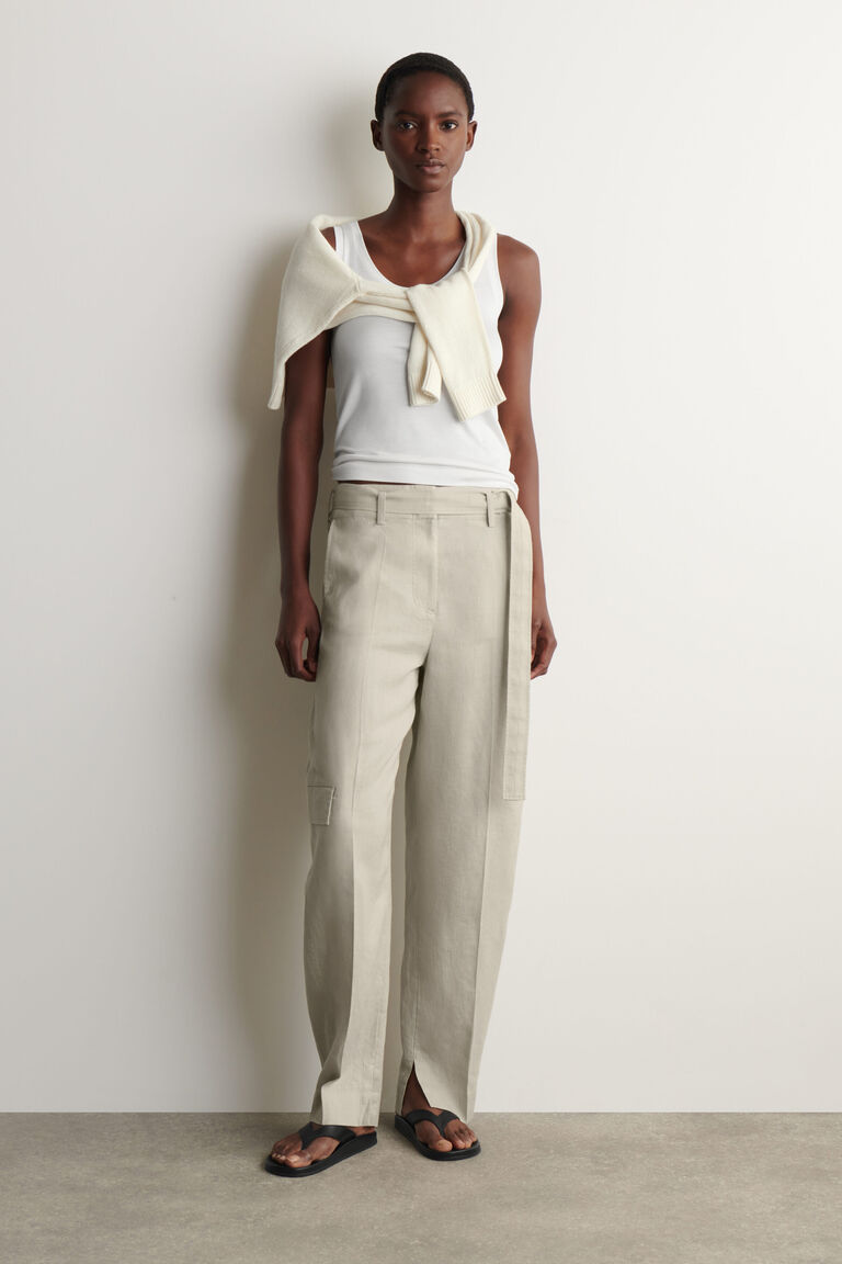 BELTED LINEN BARREL-LEG TROUSERS