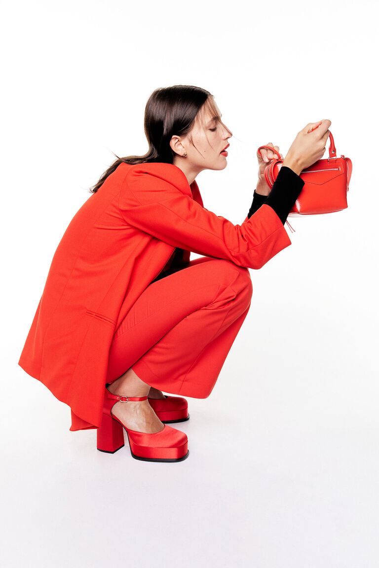 Red High-Waisted Flared Trousers