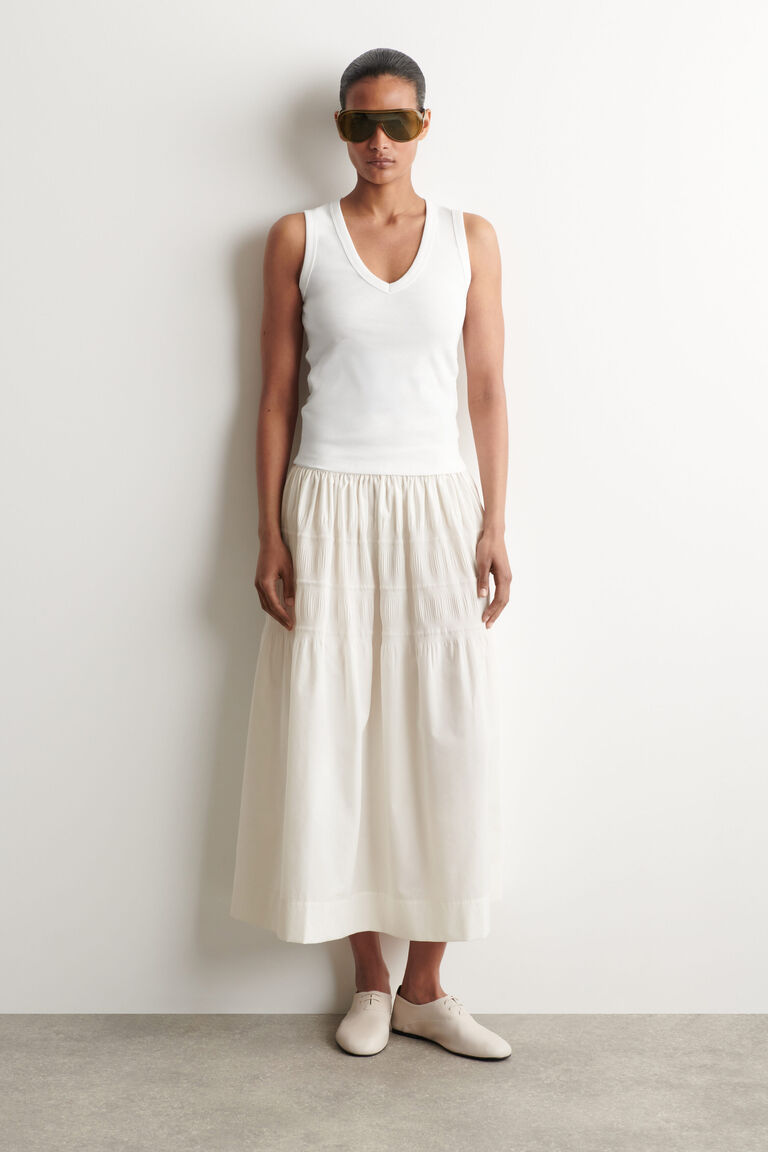 TIERED GATHERED MIDI SKIRT