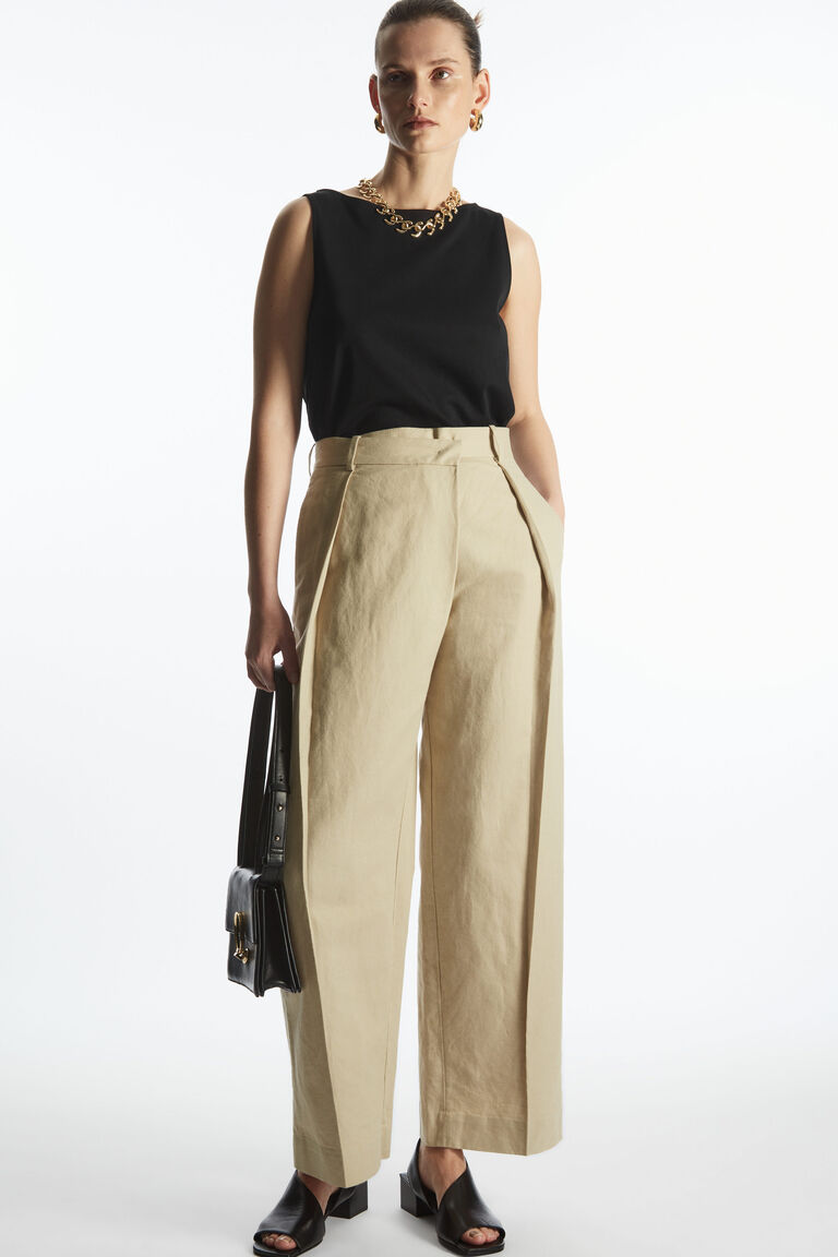 ASYMMETRIC-WAIST WIDE-LEG LINEN TROUSERS