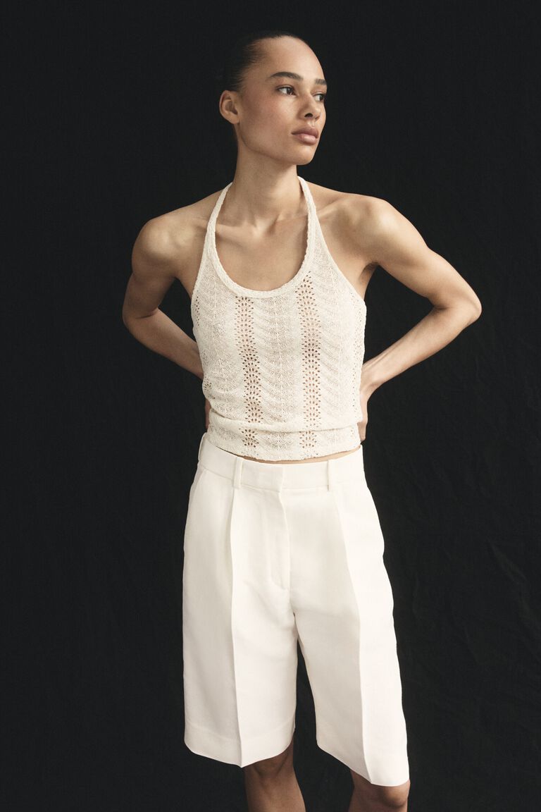 Pointelle-knit halterneck top