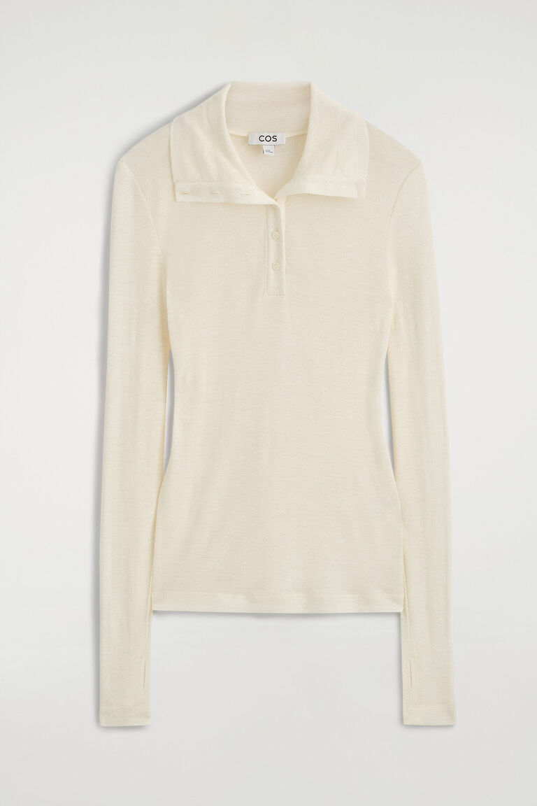 MERINO WOOL BUTTONED FUNNEL-NECK TOP