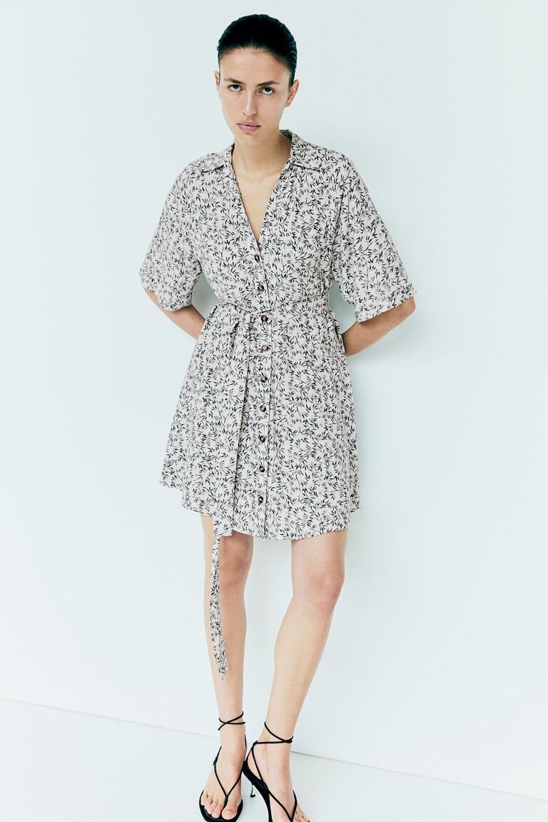 Gehmma Printed Tie Detail Short Sleeve Shirt Cream