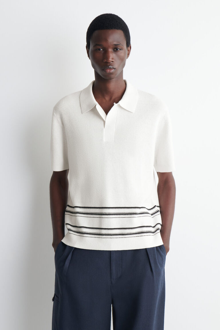เสื้อโปโลผ้าถักผสมคอตตอน-ลินินลายทาง