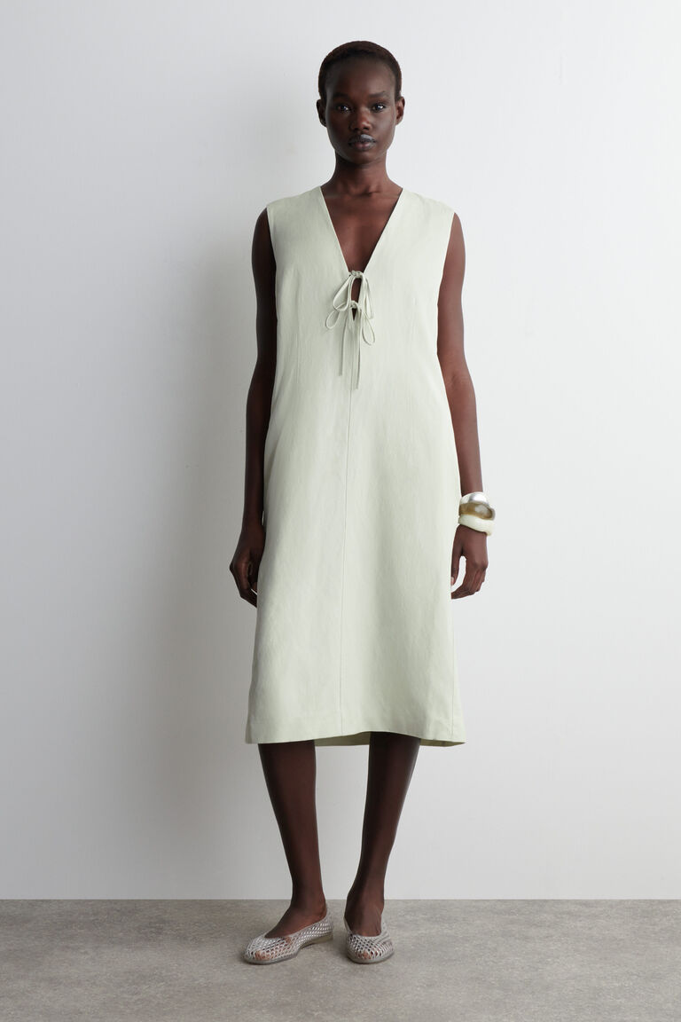 LINEN-BLEND TIE-FRONT MIDI DRESS