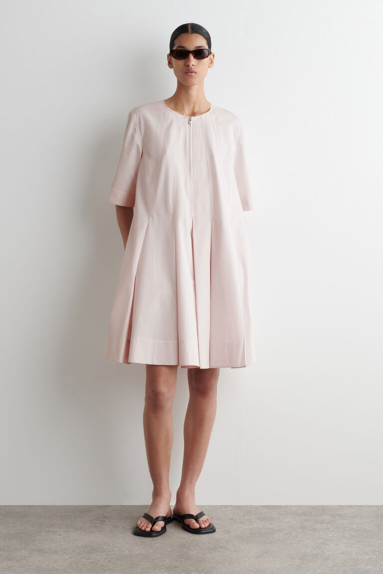 PLEATED ZIP-UP COTTON MINI DRESS