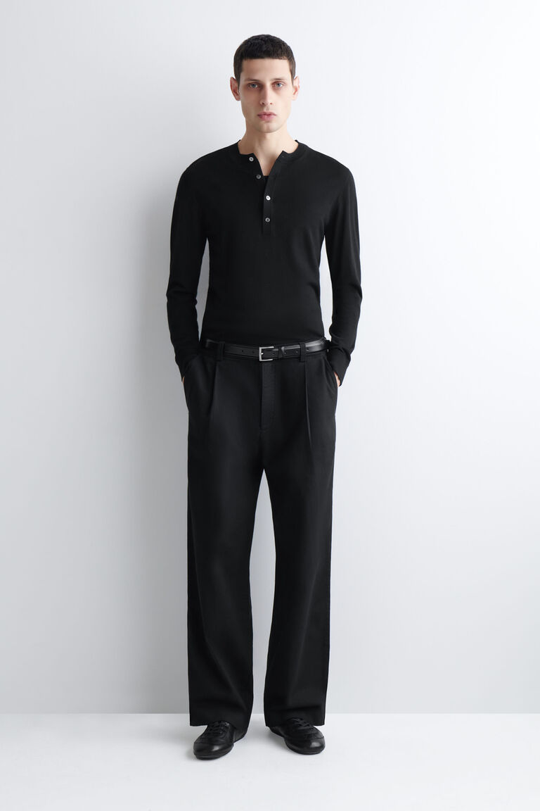 PLEATED RELAXED-FIT WIDE-LEG DENIM TROUSERS