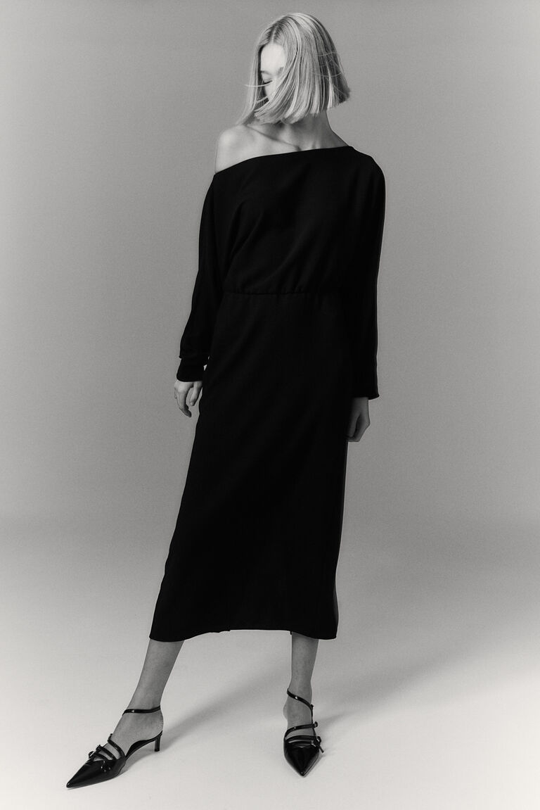 Off-Shoulder Crepe Dress With Pleats
And Asymmetrical Hem