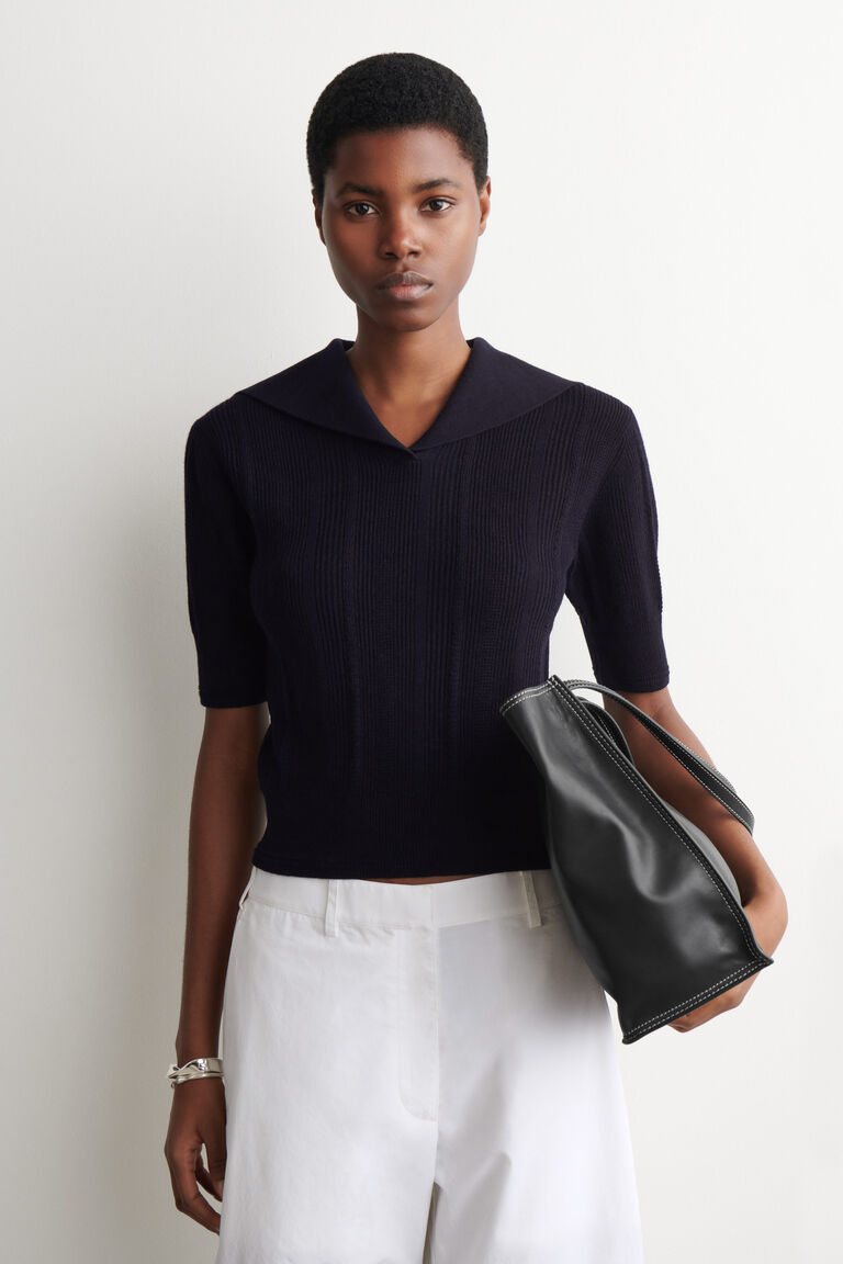 SAILOR-COLLAR WOOL POLO TOP