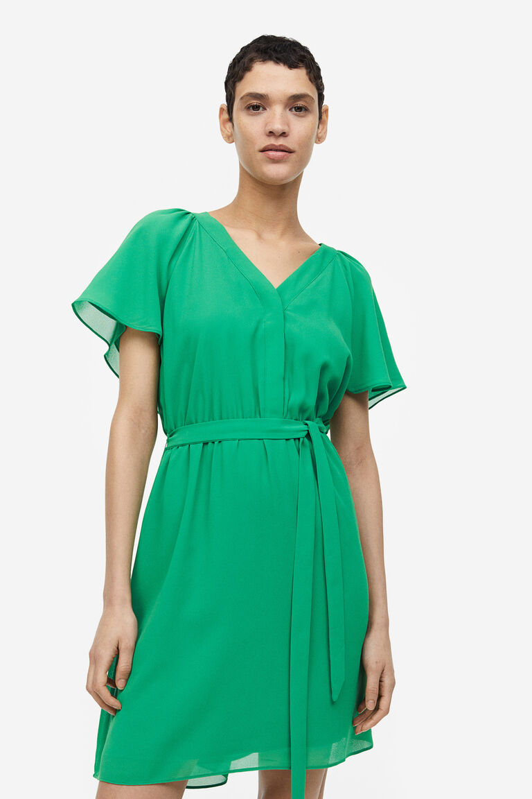 V-neck Chiffon Dress with Back Hem Slit Dusty Blue