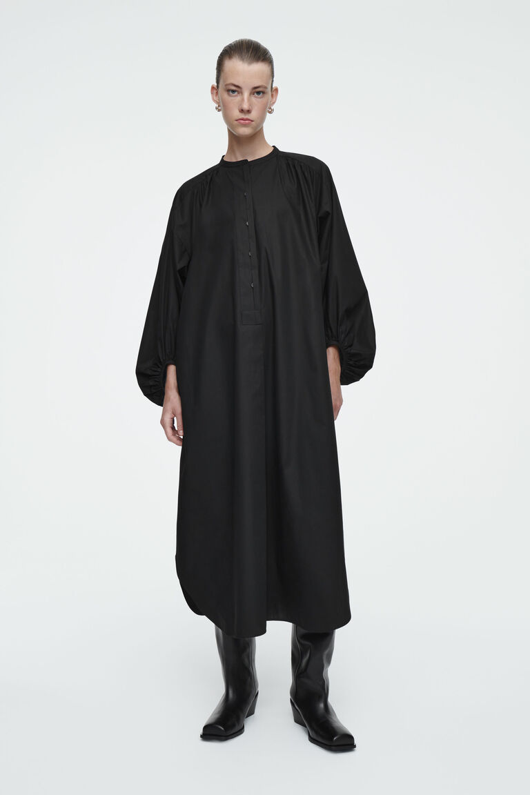 GATHERED BALLOON-SLEEVE MIDI DRESS
