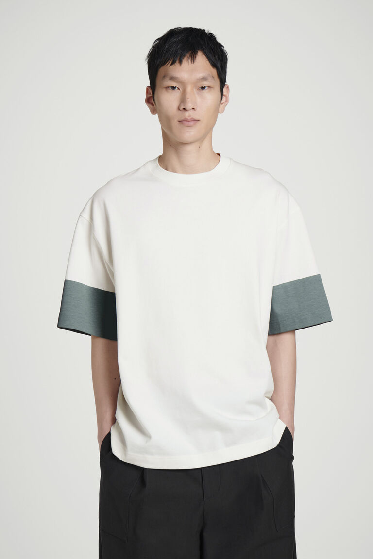 เสื้อยืดแขนสั้น ผ้าฝ้าย เล่นสีแบบบล็อก โอเวอร์ไซส์