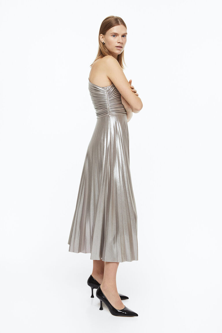 Glossed Metal Pleats Pleated Dress