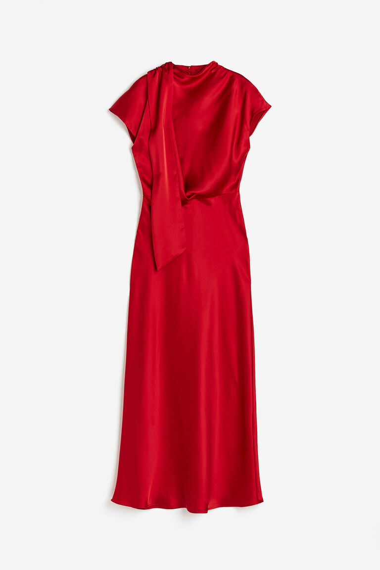 Button Front Tie Neck Satin Shirt Dress