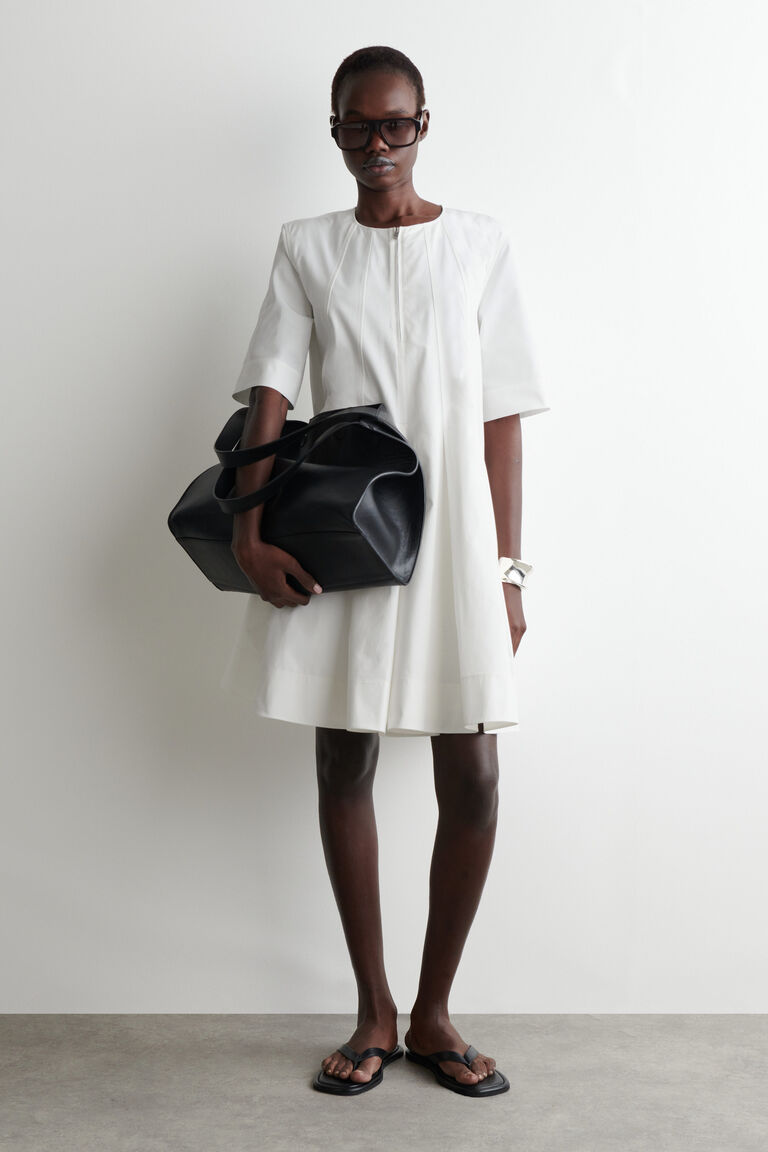 PLEATED ZIP-UP COTTON MINI DRESS