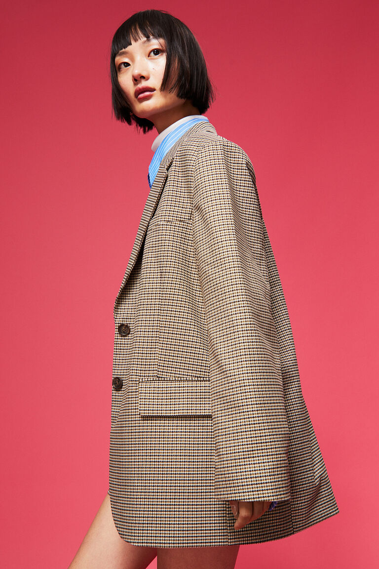 Oversized Single-Breasted Blazer with Notched Lapel - Brown
