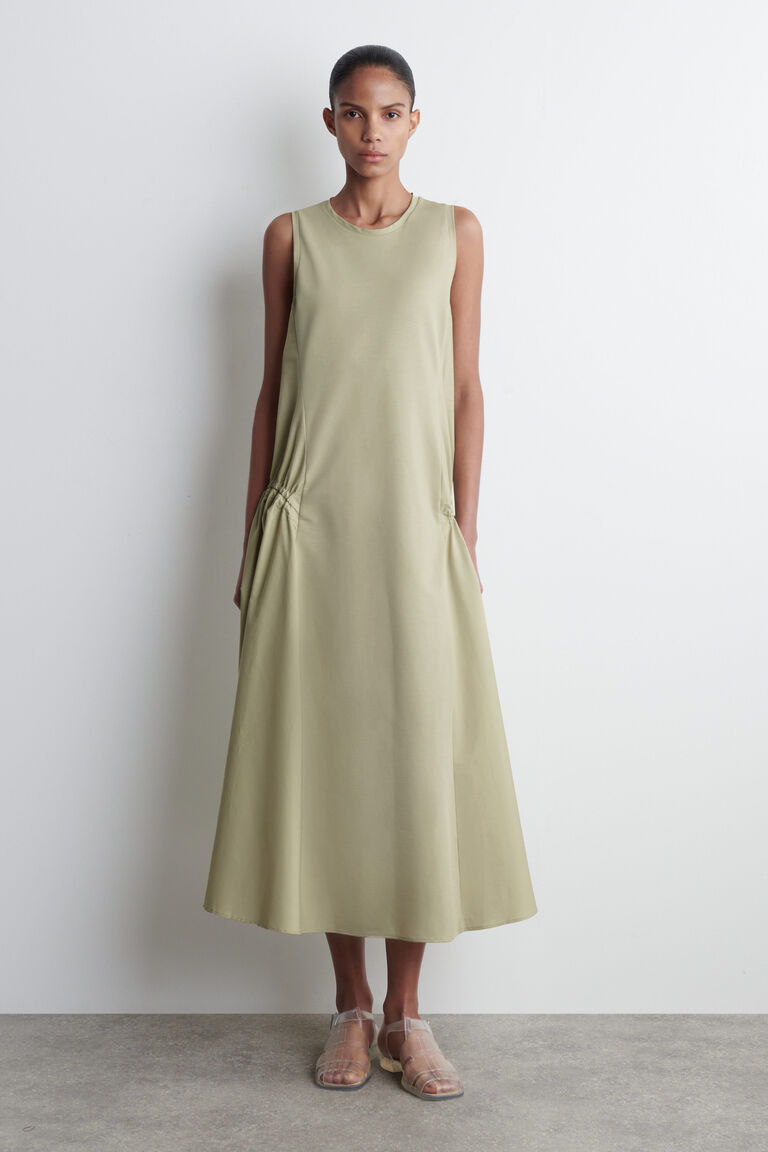 PANELLED GATHERED-SIDE MIDI DRESS