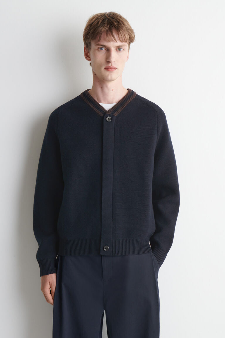 STRIPED-COLLAR COTTON-BLEND CARDIGAN