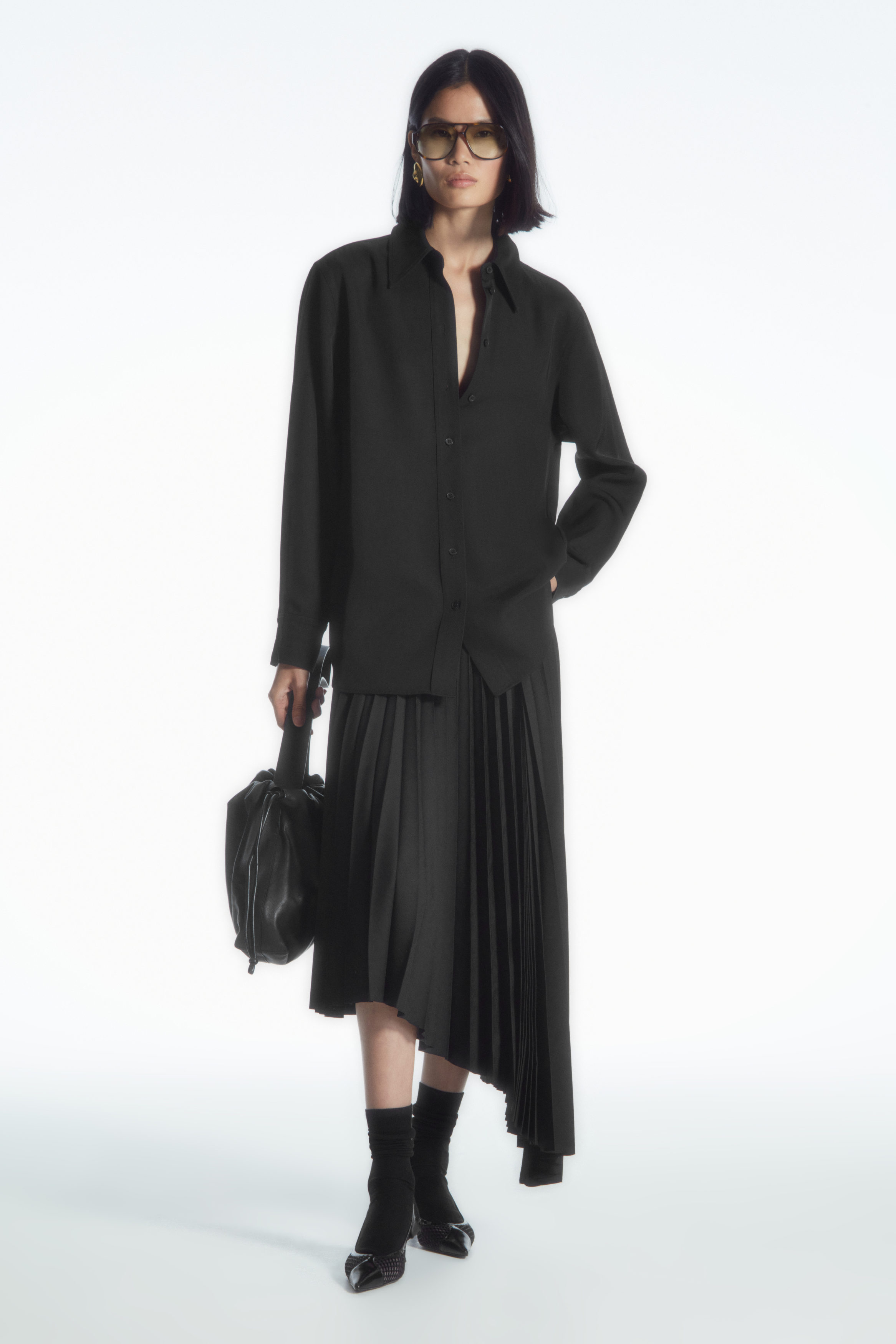 ワンピース PHILOSOPHY Women Mid Skirts 04045728 A0555 black Sleek Poplin Pleated Midi Dress | Theory