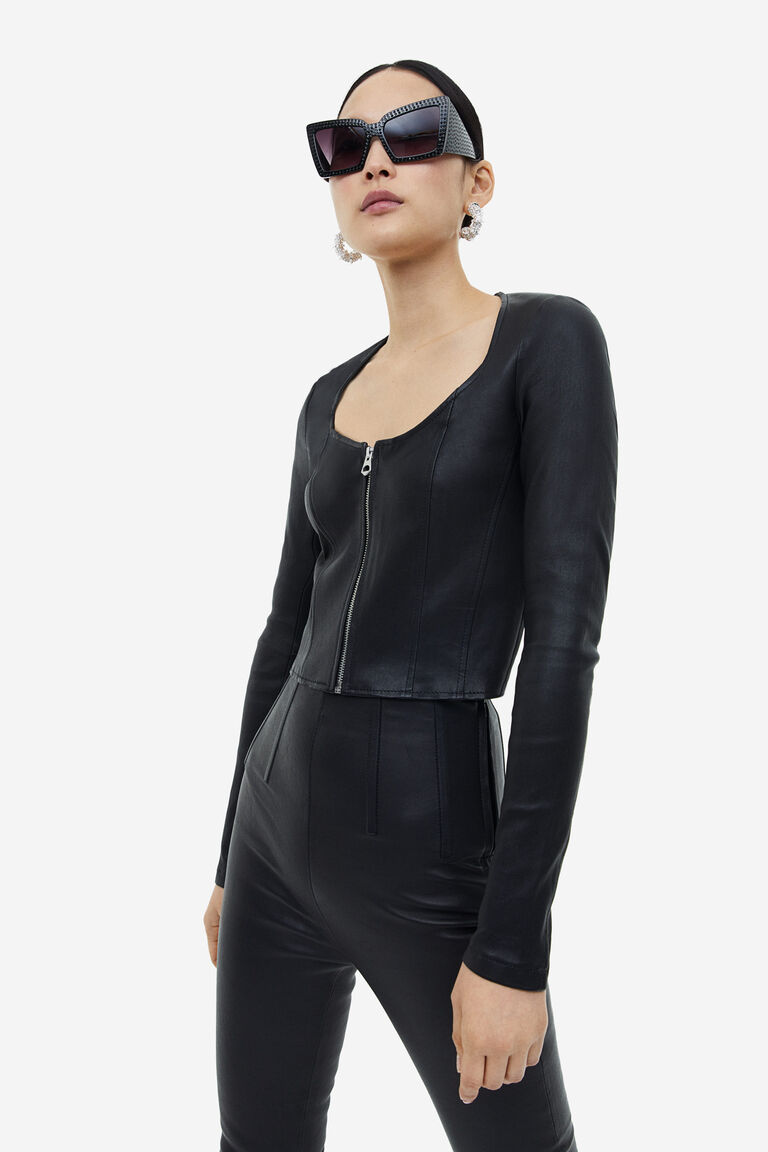 Leather Zip Front Halter Top With Zipper Detail And Leather Back main image 1