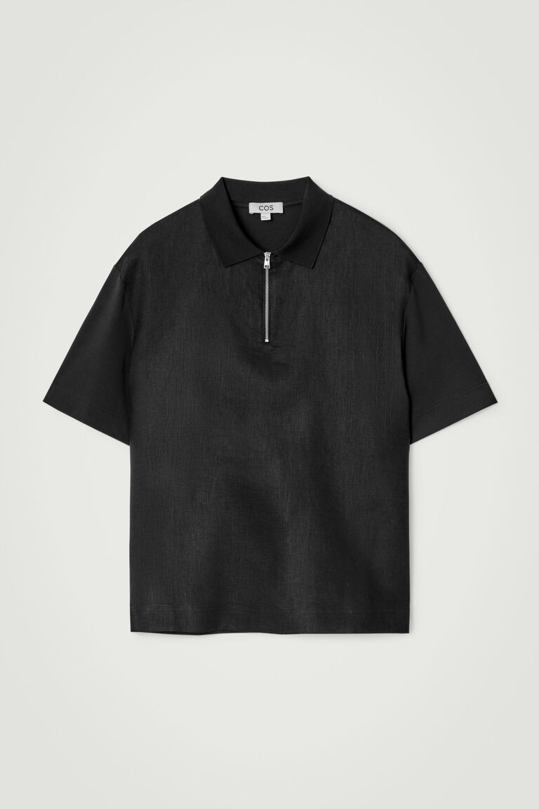 CONTRAST-PANEL LINEN HALF-ZIP POLO SHIRT