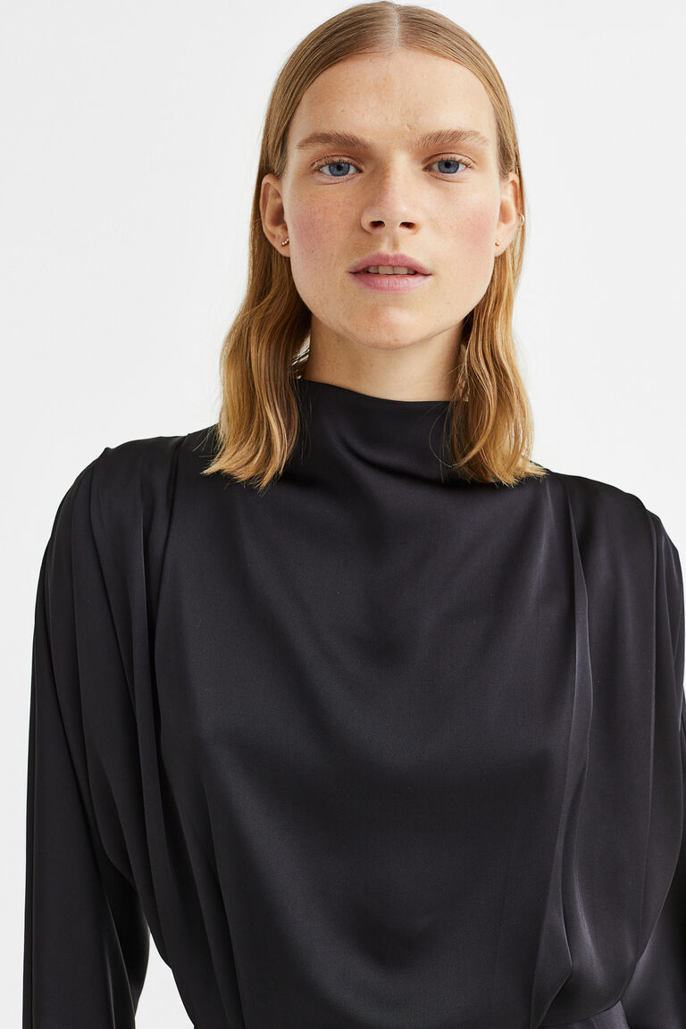 Satin 1/2 Button Blouse Blk