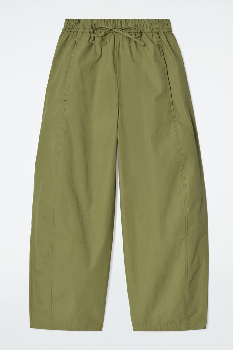 ELASTICATED BARREL-LEG TROUSERS