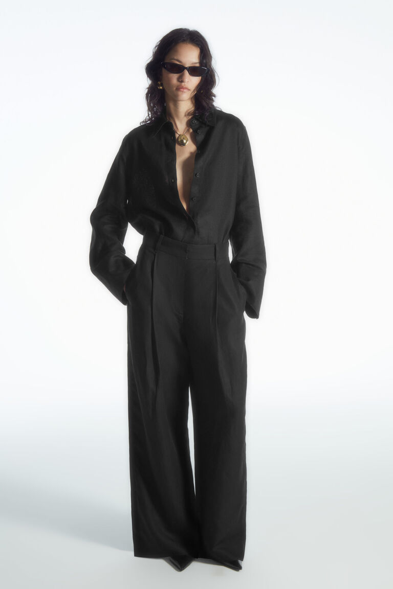 RELAXED LINEN-BLEND WIDE-LEG TROUSERS