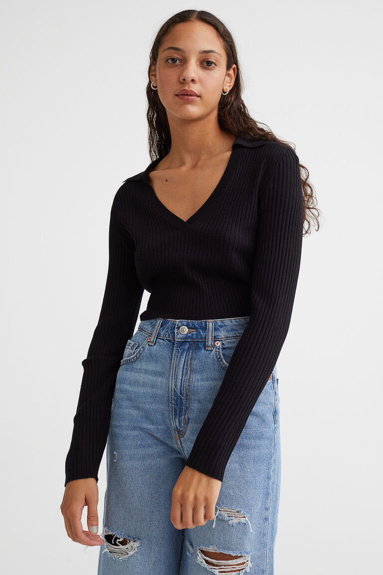 Collared ribknit top