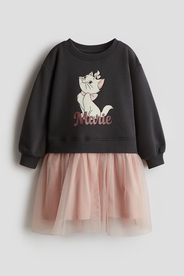 Printed tulle-skirt sweatshirt dress