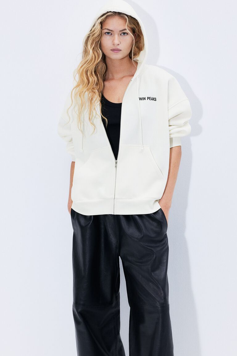Oversized motif-detail zip-through hoodie
