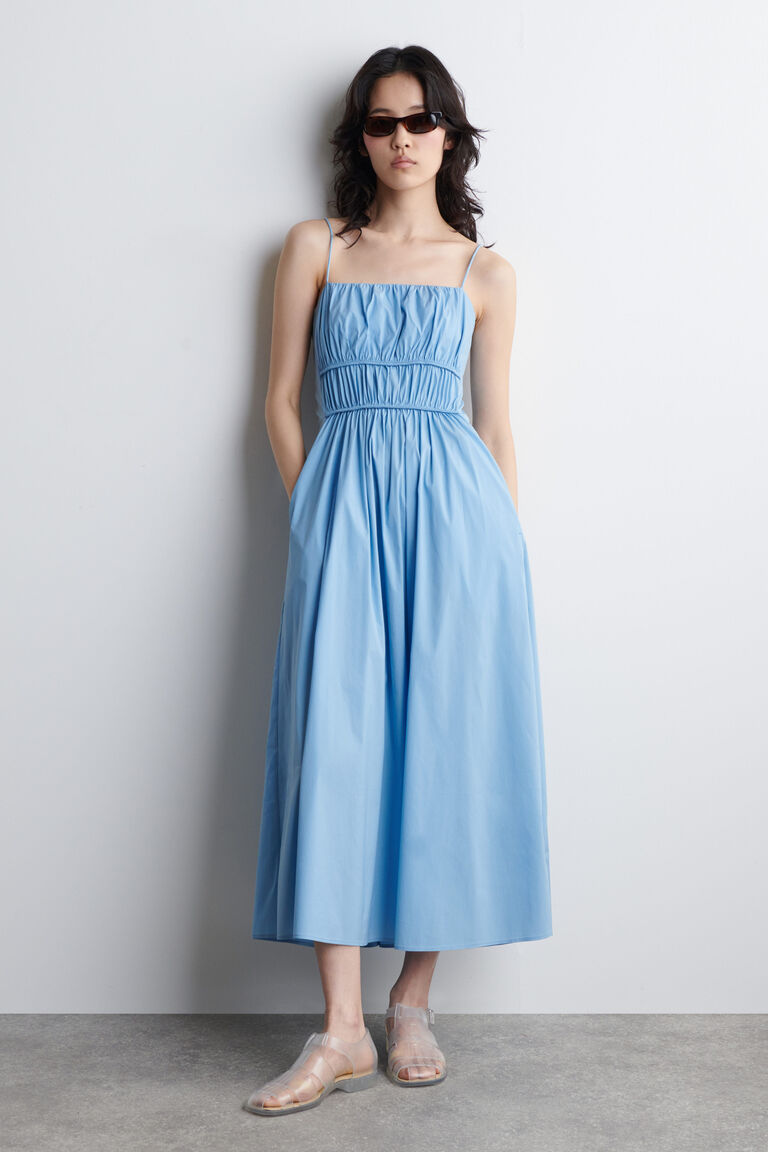 GATHERED COTTON MIDI DRESS
