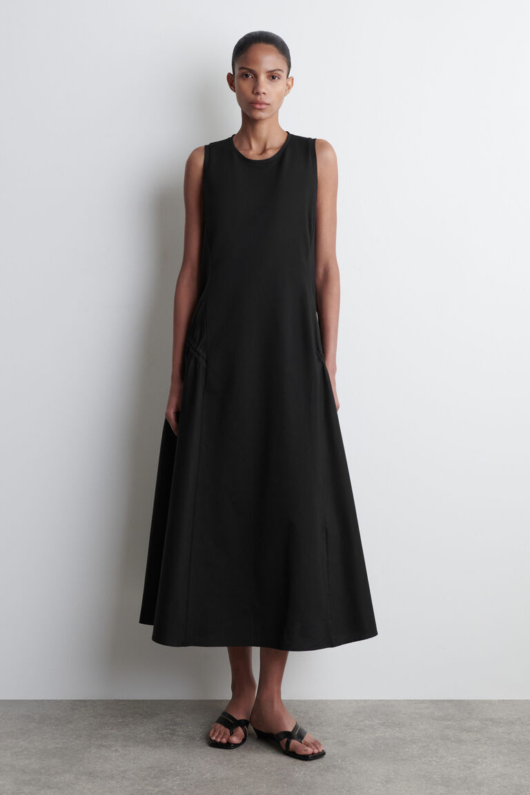 PANELLED GATHERED-SIDE MIDI DRESS