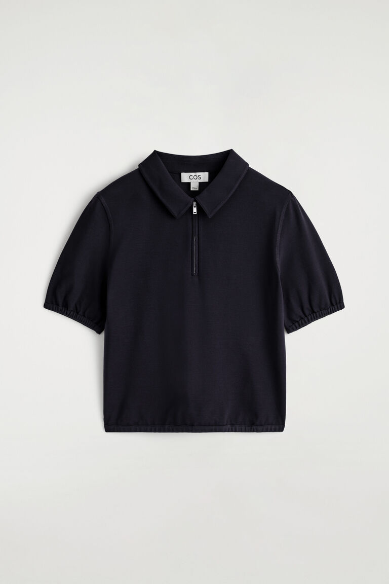 GATHERED JERSEY ZIPPED POLO TOP
