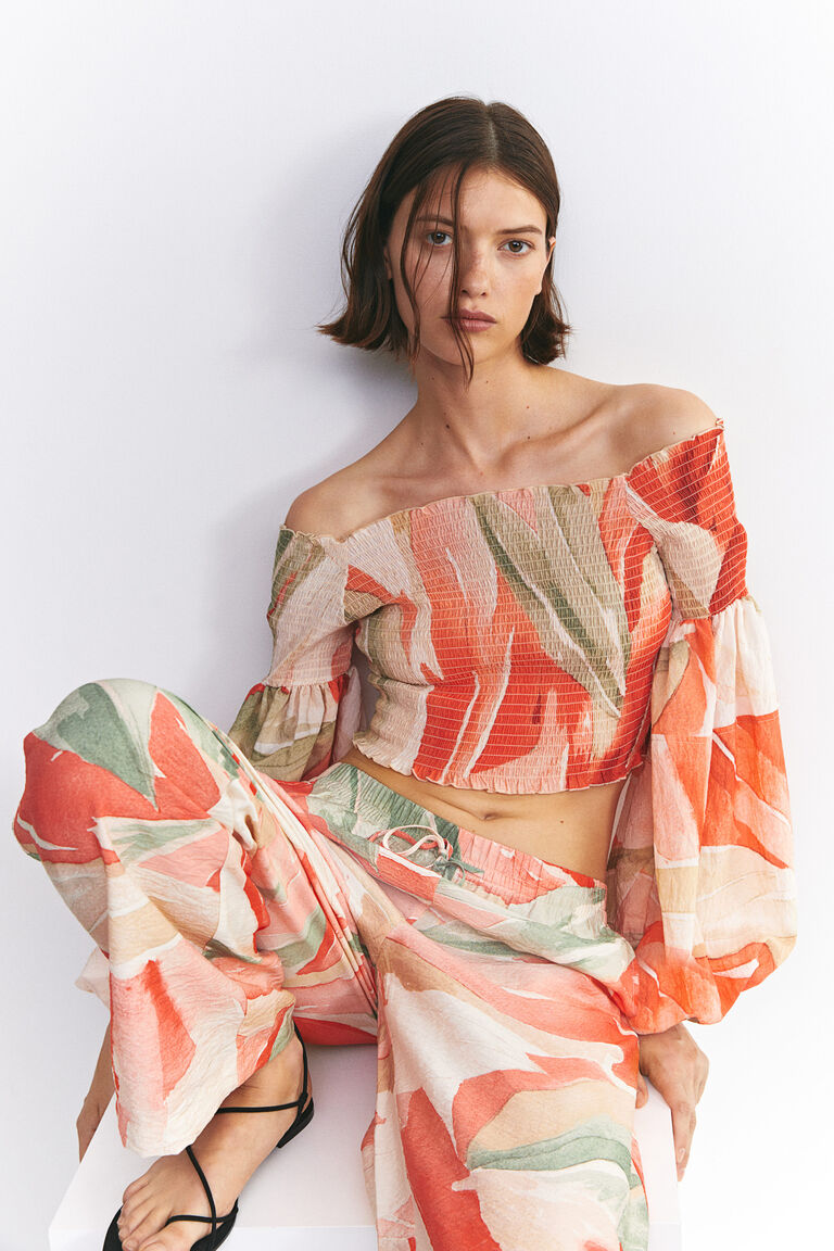 The Woven Cotton Smocked Off The Shoulder Top