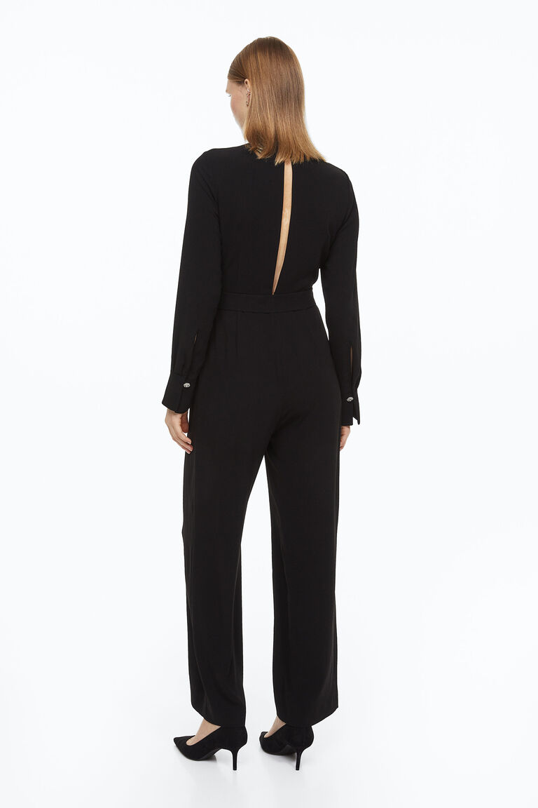 Tie Belt Buttoned Short Sleeve Collared Neck Jumpsuit