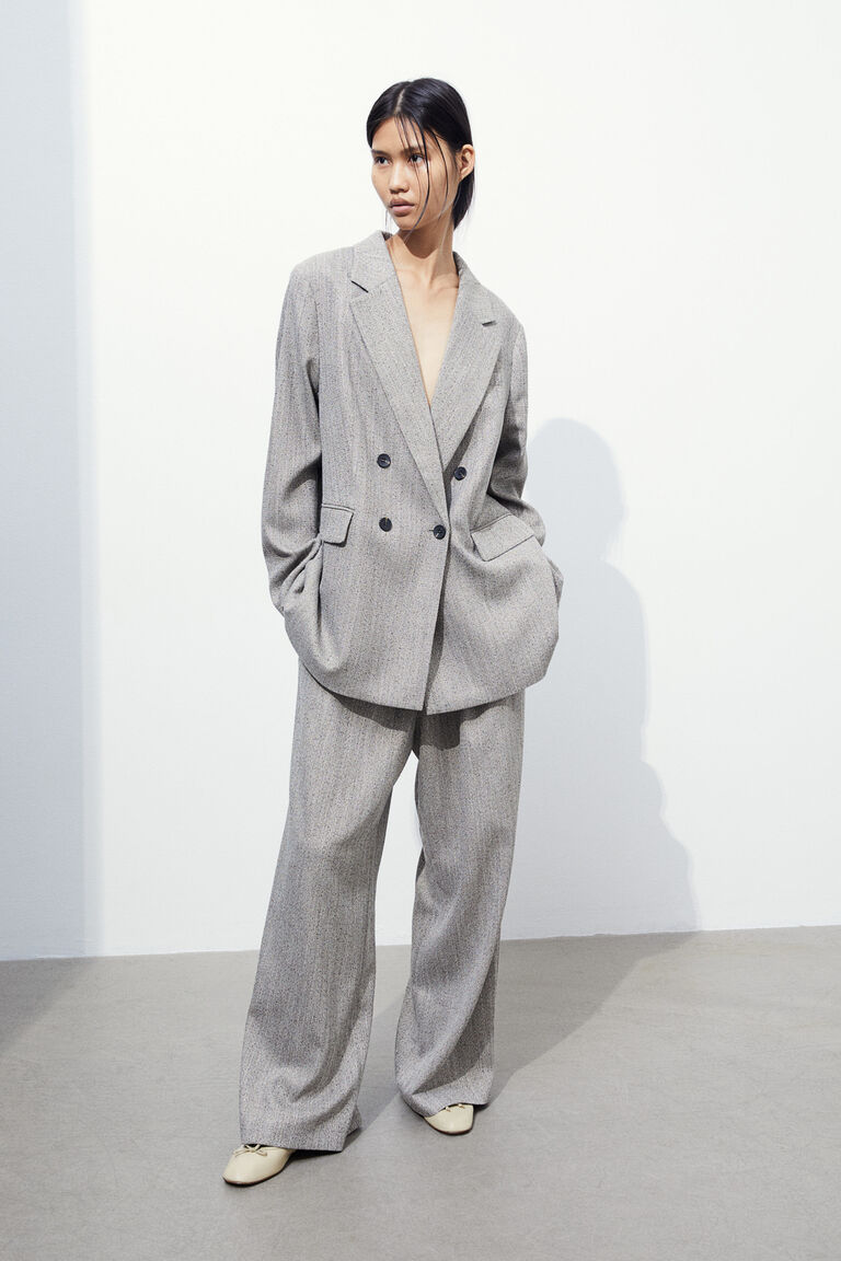 Double-Breasted Blazer with Cut-Out Hem - Gray main image 0
