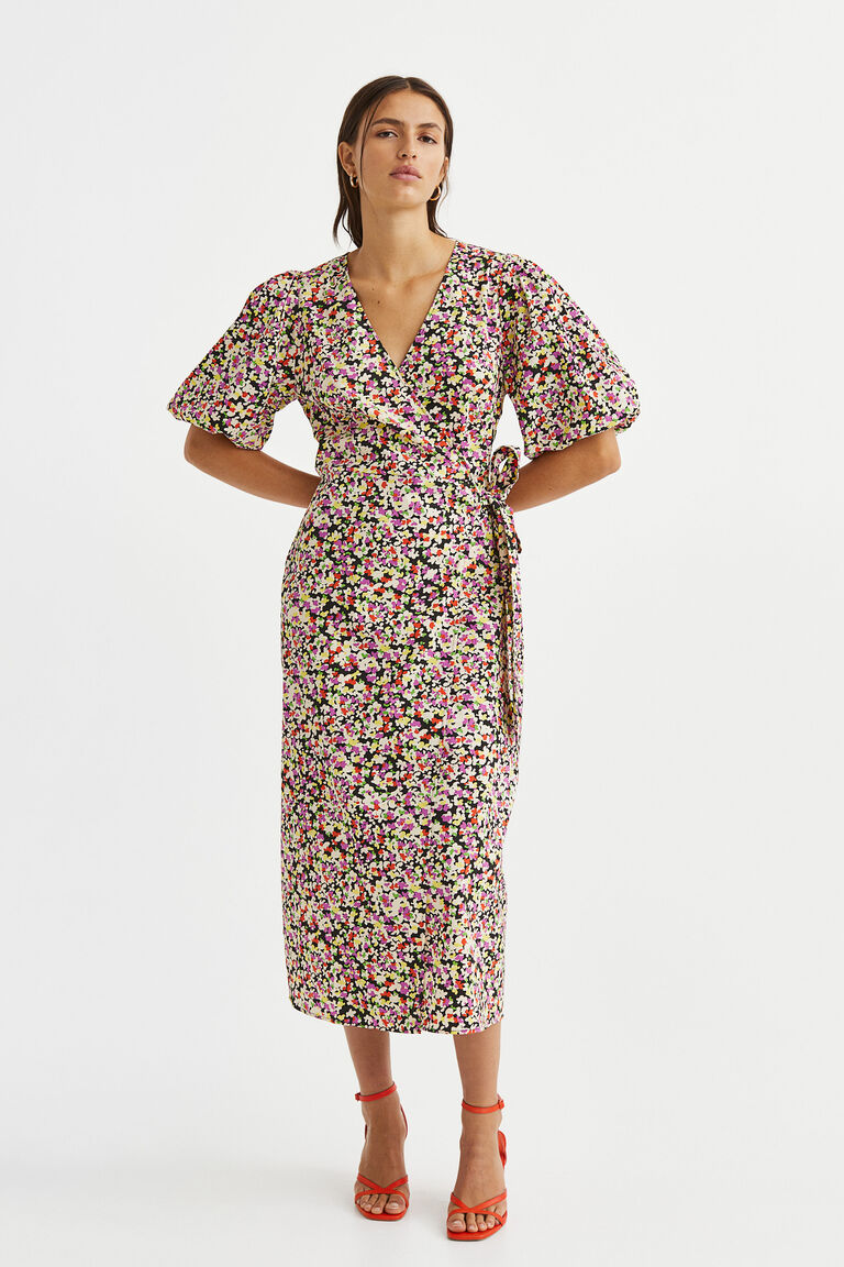 Puff-sleeved wrap dress
