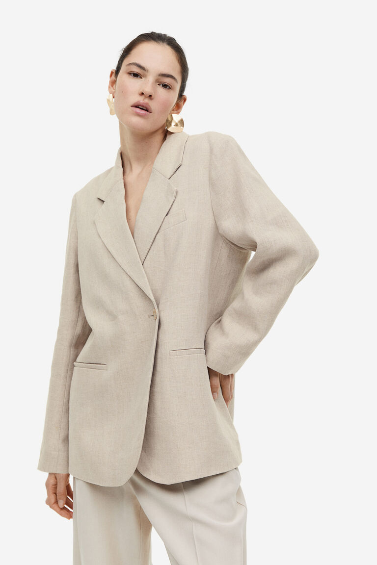 Classic Double-Breasted Linen Blazer- Light Grey