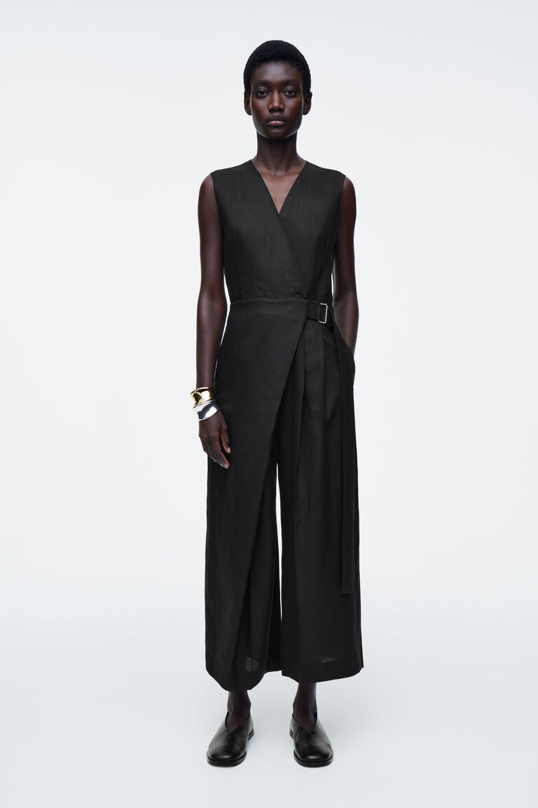 WRAP-FRONT LINEN JUMPSUIT