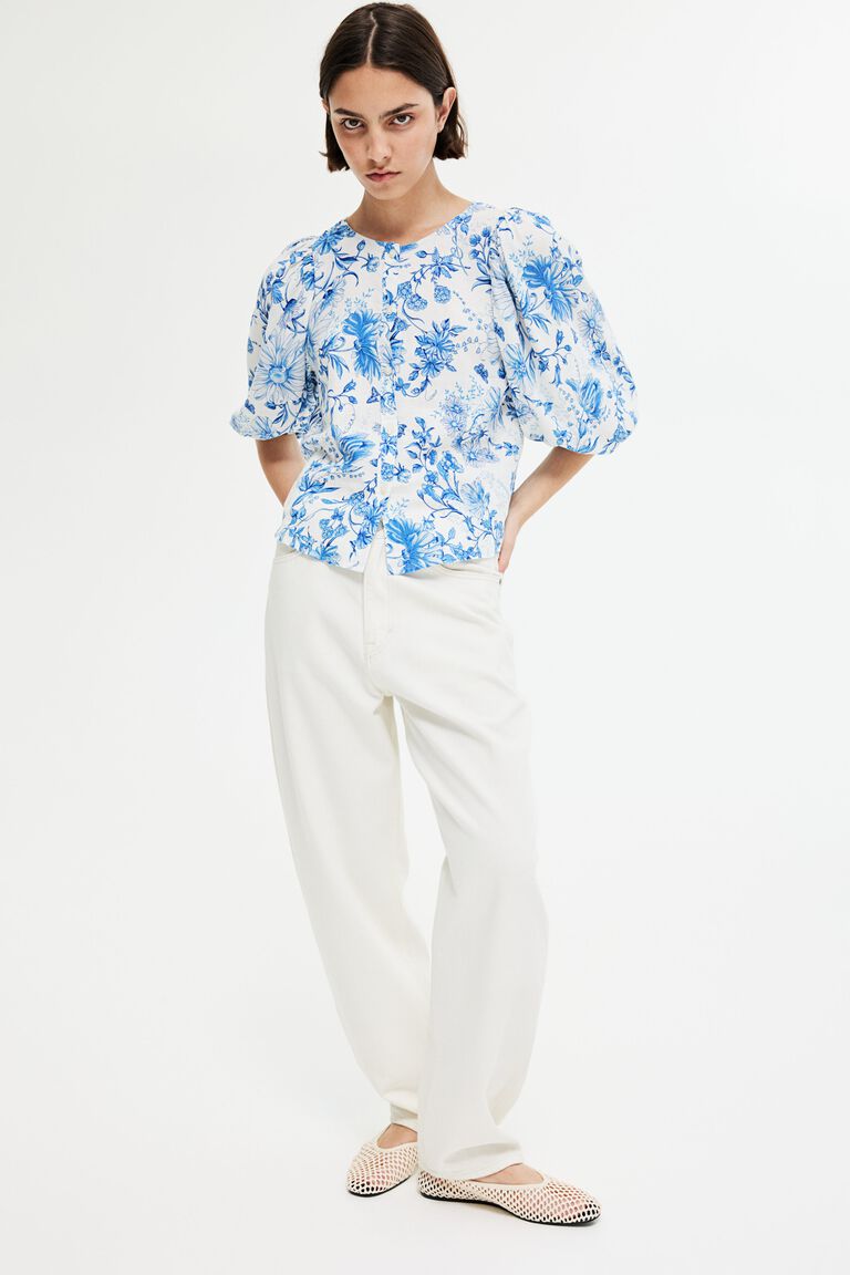 Printed Linen Blend Blouse With Front Button Detail main image 0