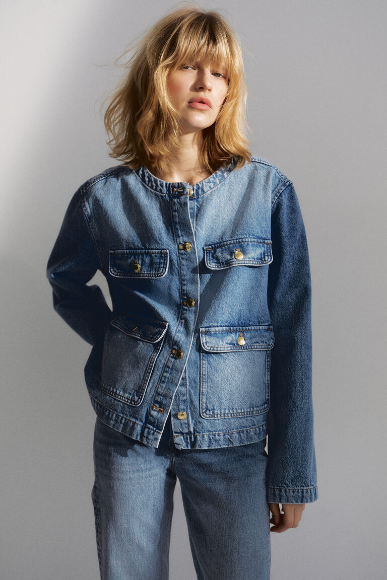 Collarless denim jacket