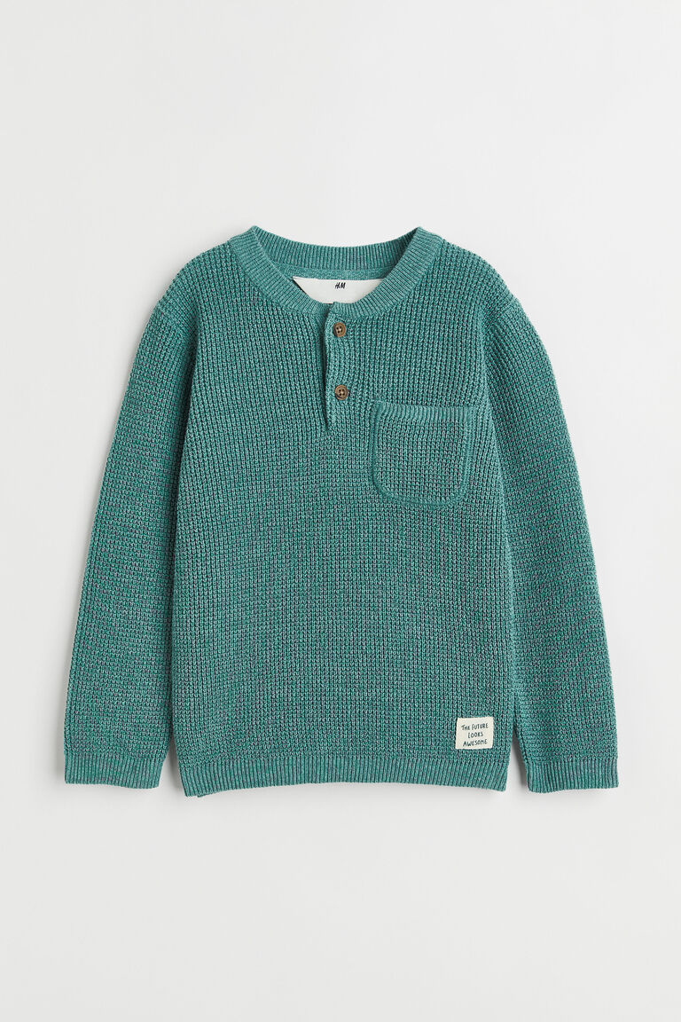 Embroidered Waffle-Knit Long Sleeve Henley Top